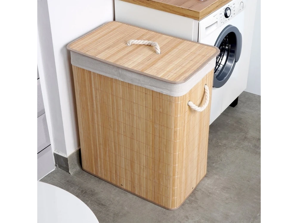 Vilde Bamboo Laundry Basket 90L 50x30.5x60.5cm, 2 Compartments with Lid, Beige