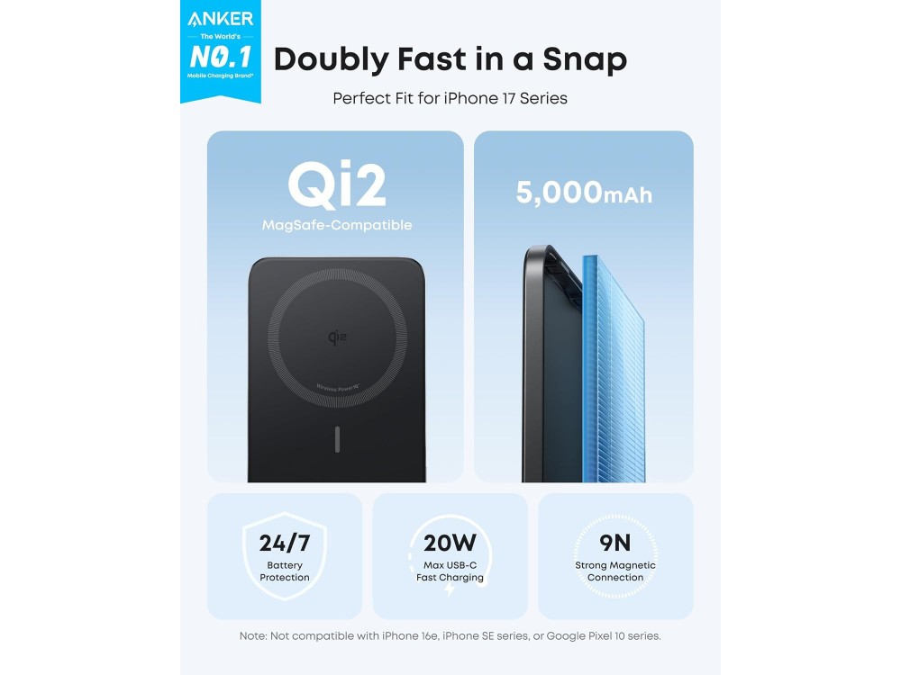 Anker Nano MagSafe Qi2 Certified Magnetic Power Bank 5000mAh 15W Max, Ultra Slim with Ergonomic Design, Black