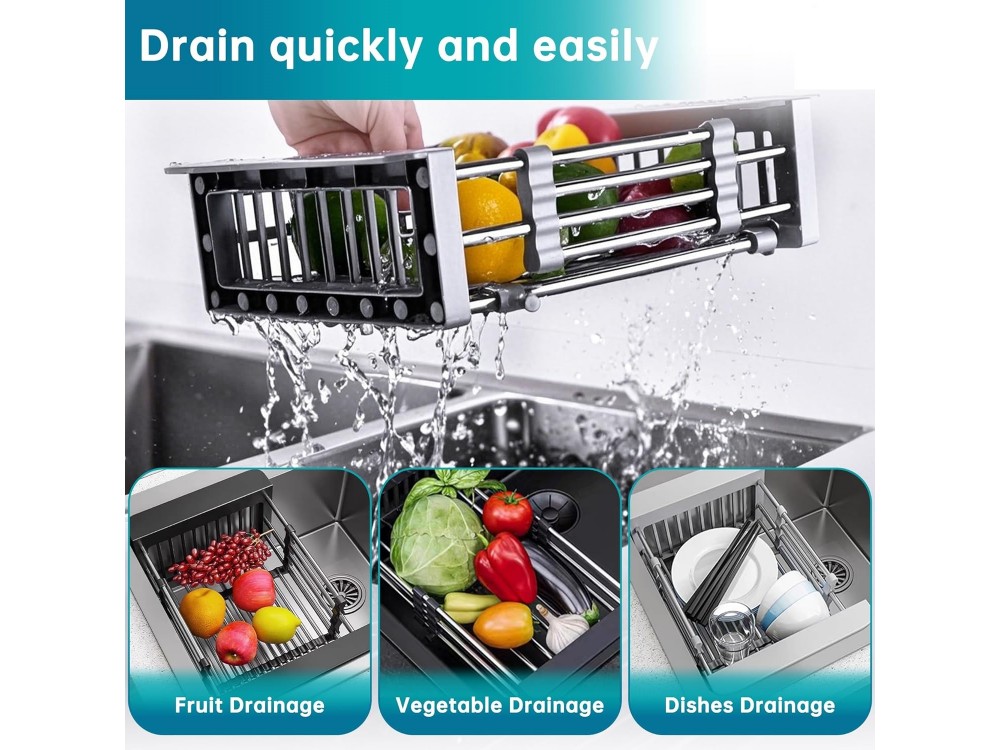 AJ Extendable Sink Dish Drying Rack, Extendable Sink Dryer 28-45 x 22 x 11cm, Light Gray