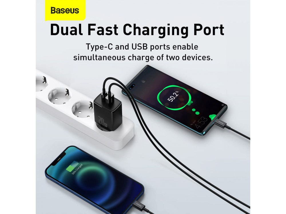 Baseus Compact 2-Port Socket Charger 20W with Power Delivery and Quick Charge 3.0, Black - CCXJ-B01