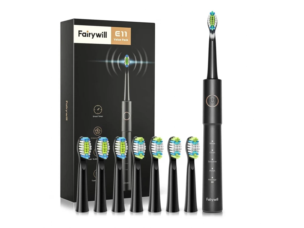 FairyWill Ε11 Ultrasonic Electric Toothbrush, Electric Toothbrush with Timer & 8 Replacement Heads, Black