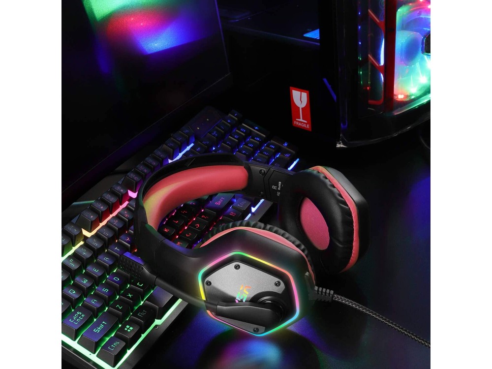 EKSA E1000 RGB Gaming Headset 7.1 Surround Sound & Noise-cancelling Microphone (PC / PS4 / PS5 / Xbox / Switch / Mac), Red