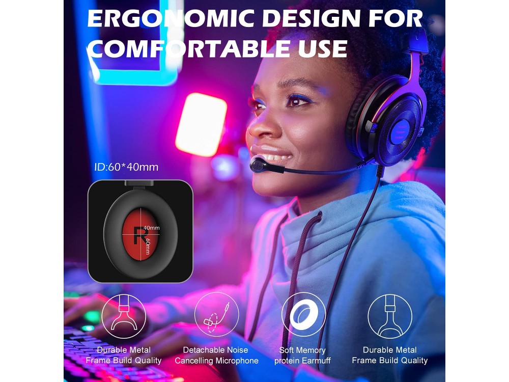 EKSA E900 Gaming Headset 7.1 Surround Sound & Αφαιρούμενο Noise-cancelling Mic (PC / PS4 / PS5 / Xbox / κ.α.), Black / Red