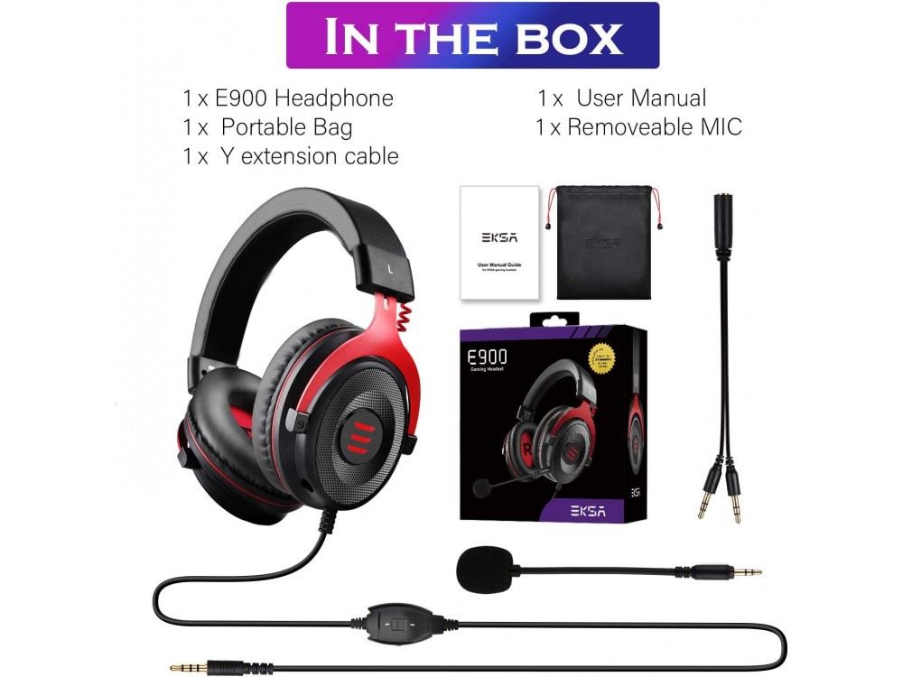 EKSA E900 Gaming Headset 7.1 Surround Sound & In-line Noise-cancelling Mic (PC / PS4 / PS5 / Xbox / ect.), Black / Red