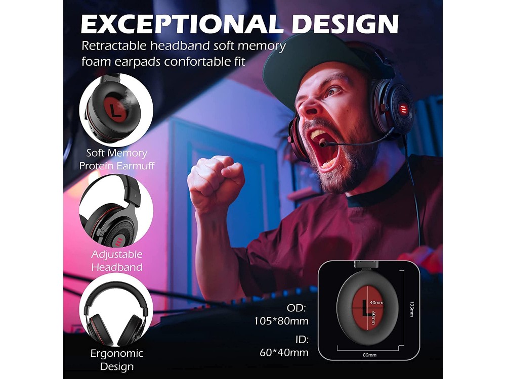 EKSA E900 Pro LED Gaming Headset 7.1 Surround Sound & Αφαιρούμενο Noise-cancelling Mic (PC / PS4 / PS5 / Xbox / κ.α.), Black