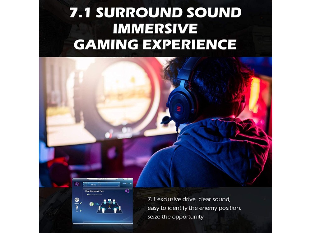 EKSA E900 Pro LED Gaming Headset 7.1 Surround Sound & Αφαιρούμενο Noise-cancelling Mic (PC / PS4 / PS5 / Xbox / κ.α.), Black