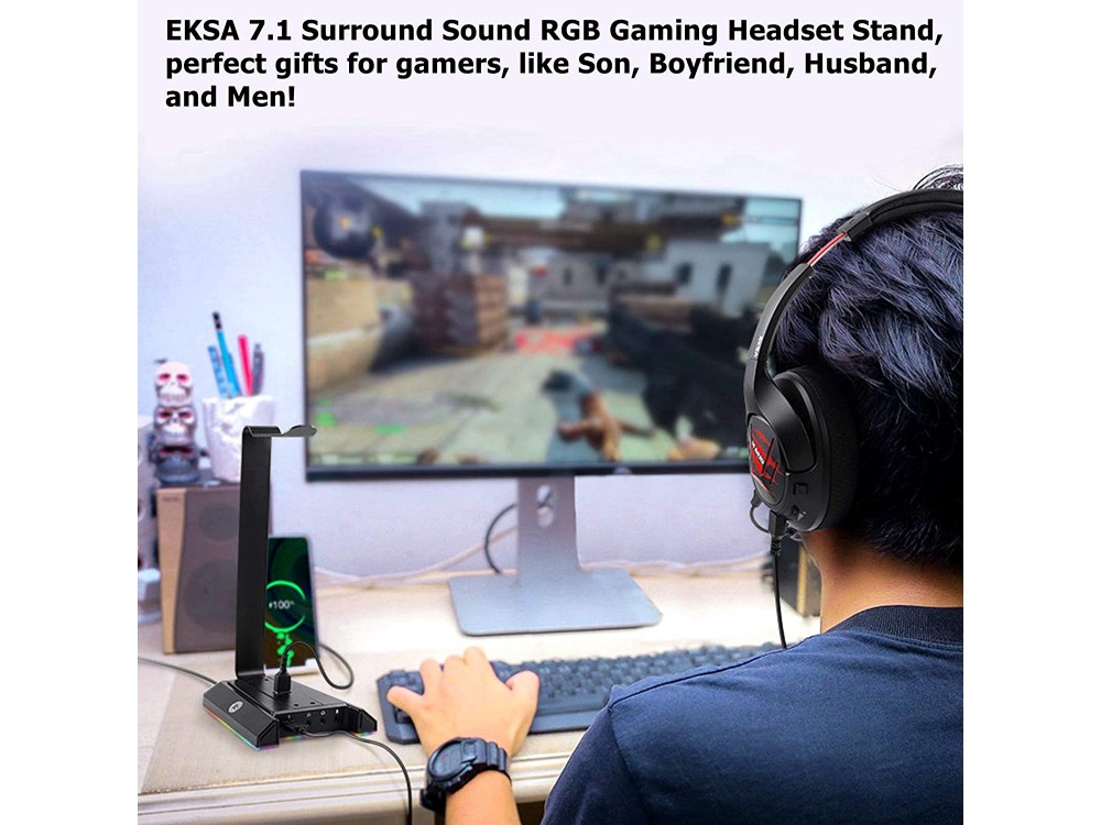 EKSA W1 Multi Function Headphone Stand & Hanger RGB, for Headset 2*USB Hub + 3*AUX