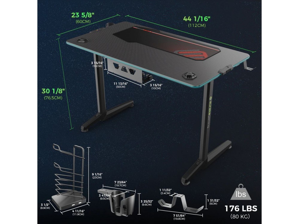 Eureka Ergonomic I44 Gaming Desk with Led Lights, Γραφείο Υπολογιστή Carbon Fiber με RGB, Black