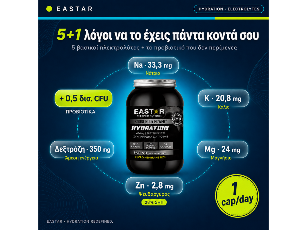 Eastar Hydration Booster Electrolytes, Ηλεκτρολύτες για Ενυδάτωση 30 Vegan Caps 430mg
