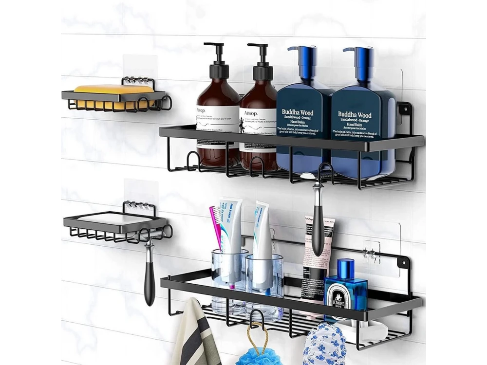 Vilde 4-Pack Shower Caddy, Wall-Mounted Bathroom Organizer, Set of 4, Black