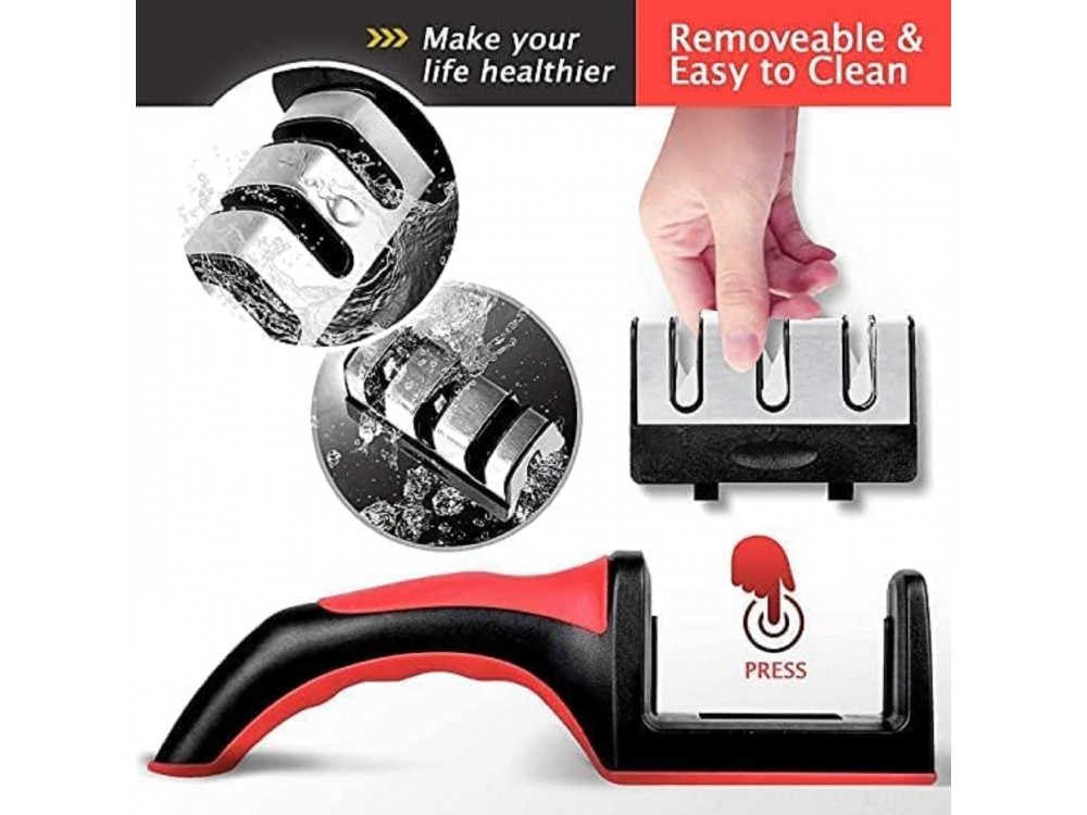 AJ 3-in-1 Kitchen Knife Sharpener, Ακονιστήρι Mαχαιριών Χειρός με 3 Επίπεδα Ακονίσματος, Black/Red