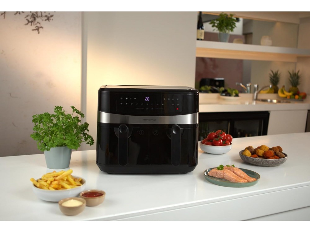 Emerio Double Air Fryer XXL, Φριτέζα Αέρος 2x4.5lt για Υγιεινό Μαγείρεμα με 2 Ξεχωριστούς Κάδους, 2400W & 12 Preset Menus