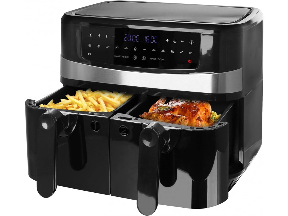 Emerio Double Air Fryer XXL, Φριτέζα Αέρος 2x4.5lt για Υγιεινό Μαγείρεμα με 2 Ξεχωριστούς Κάδους, 2400W & 12 Preset Menus