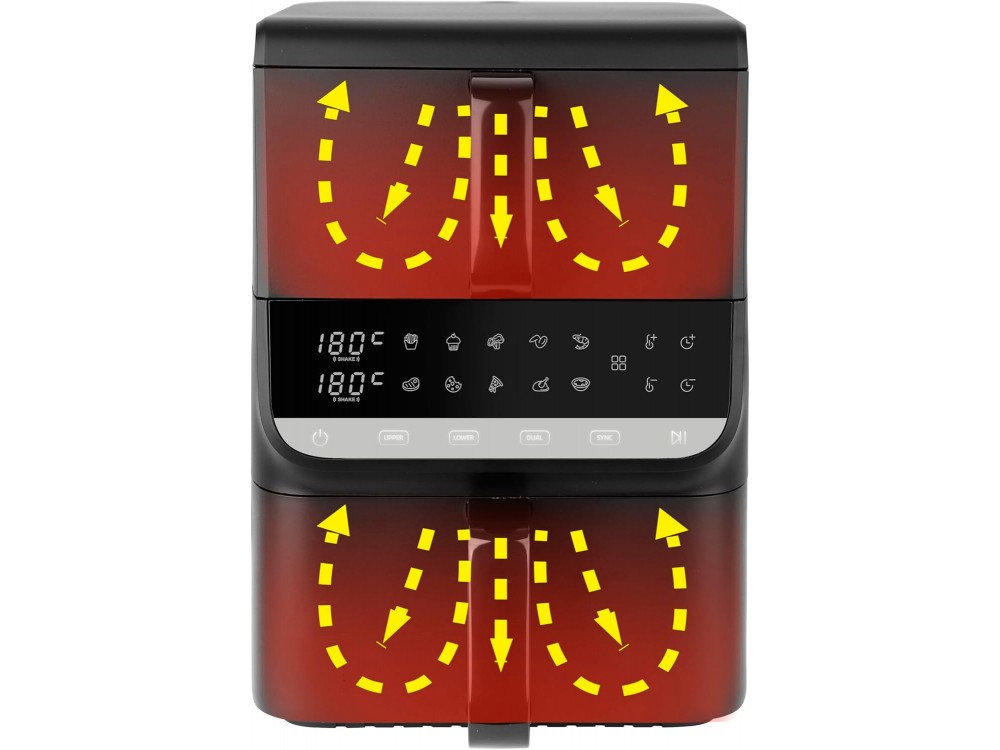 Emerio Double Chamber Vertical XL Air Fryer 2500W, Vertical Air Fryer 2 Chambers (3.5lt + 6.5lt) with Touch Screen & Sync Finish