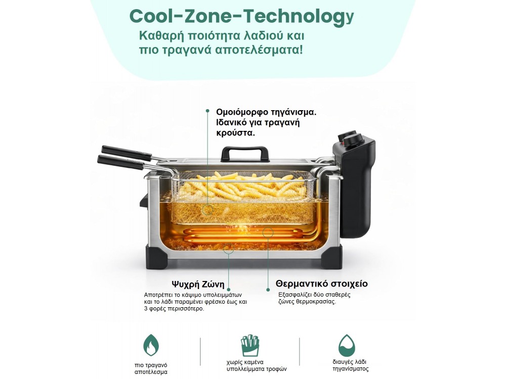 Emerio Dual Chamber Oil Fryer 3300W, Stainless Steel Oil Fryer PFAS free, with 2 Tanks, Silver