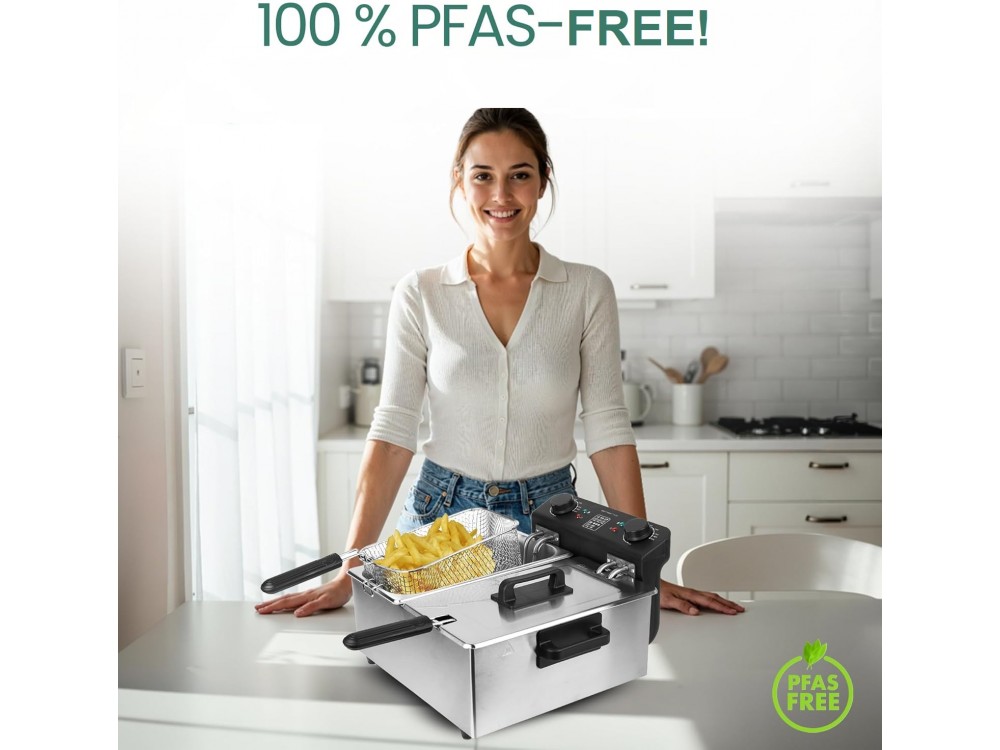 Emerio Dual Chamber Oil Fryer 3300W, Stainless Steel Oil Fryer PFAS free, with 2 Tanks, Silver