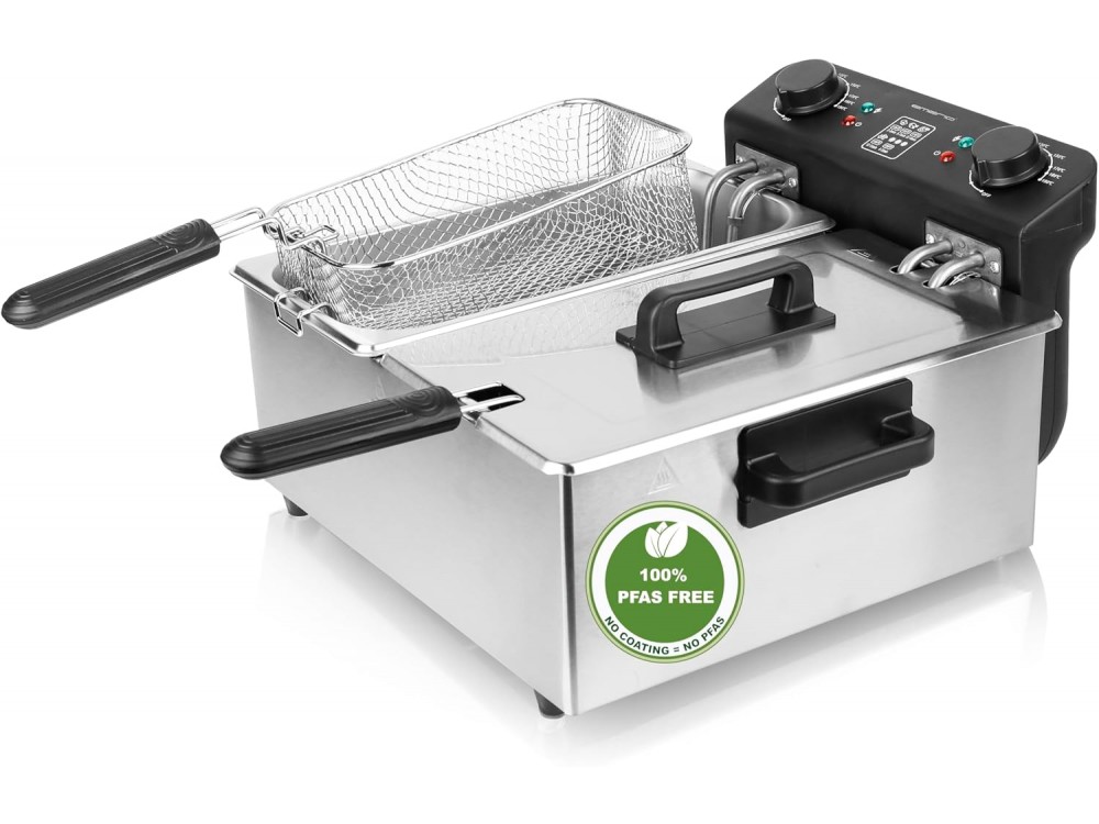 Emerio Dual Chamber Oil Fryer 3300W, Stainless Steel Oil Fryer PFAS free, with 2 Tanks, Silver