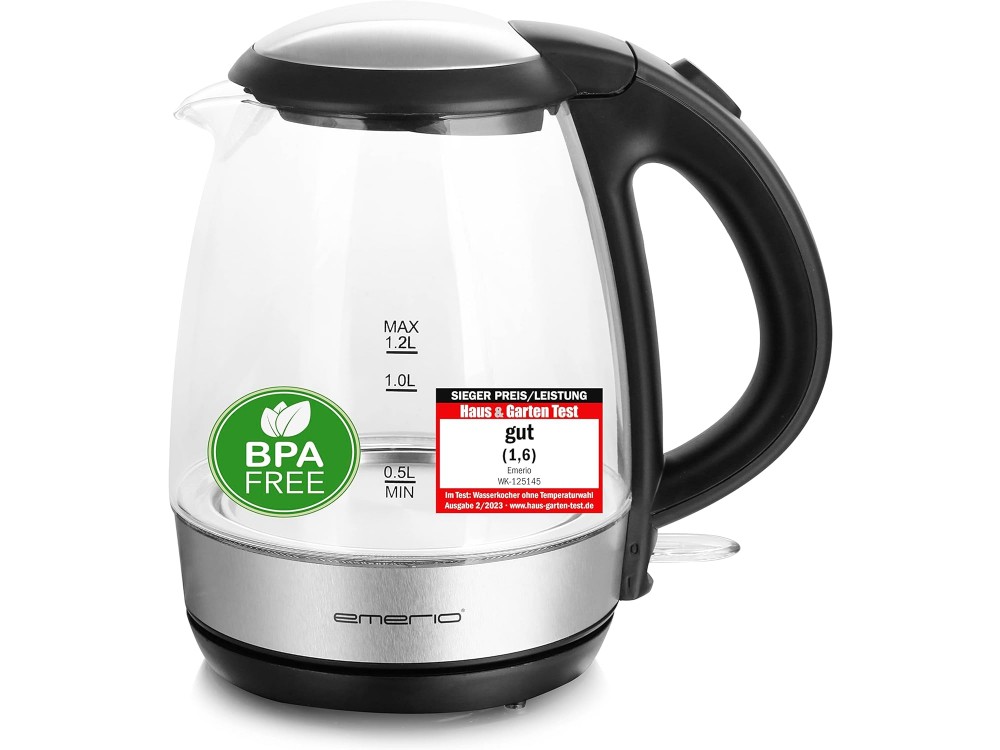 Emerio Glass Kettle, Kettle with Interior LED, Stainless Steel base & Glass Jug 1,2L