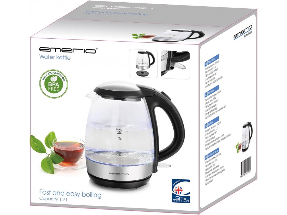 Emerio Glass Kettle, Βραστήρας με Εσωτερικό LED, Βάση από Ανοξείδωτο Ατσάλι & Γυάλινη Κανάτα 1,2L