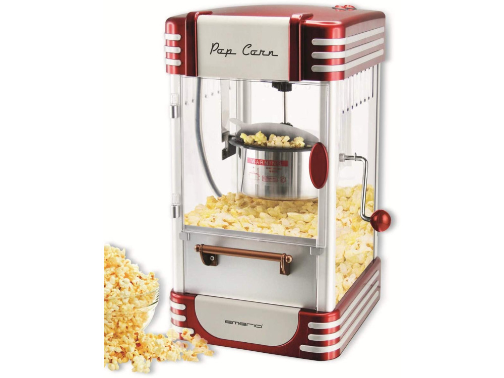 Emerio Retro Popcorn Maker, Vintage Style for healthy snacks with Stirrer & Temperature Maintenance Lamp, Red