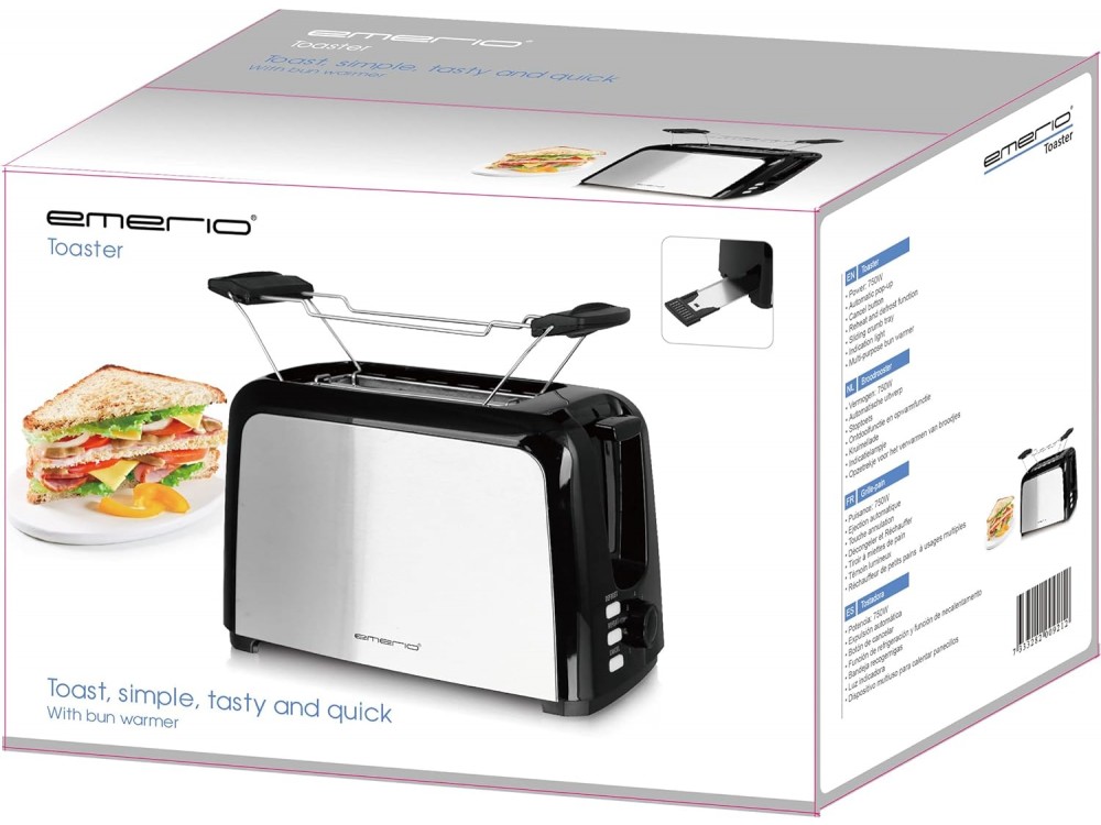 Emerio Toaster, Φρυγανιέρα 2 Θέσεων Extra Wide 750W με Θερμοστάτη 7 Επιπέδων, Auto-Eject & Δίσκο για Ψίχουλα