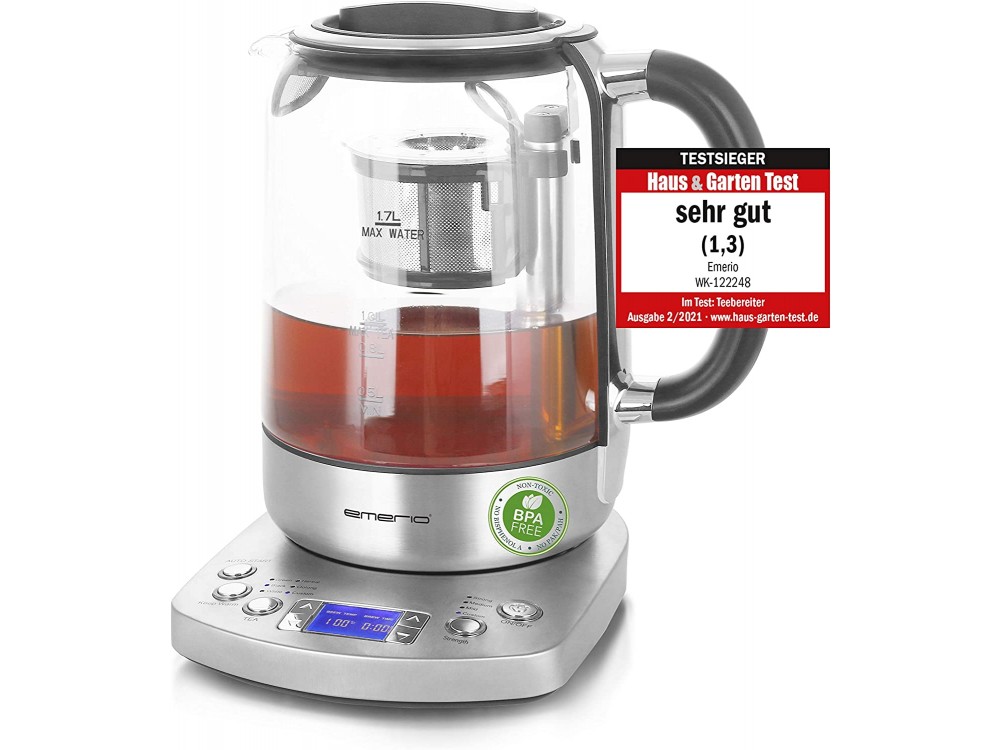 Emerio Glass Tea Maker Kettle, Βραστήρας & Τσαγιέρα Fully Auto με Επιλογή Θερμοκρασίας & Γυάλινη Κανάτα 1,7L