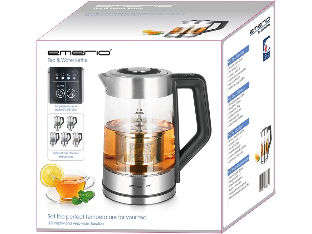 Emerio Glass Tea Maker Kettle, Βραστήρας & Τσαγιέρα με Επιλογή Θερμοκρασίας με Εσωτερικό LED & Γυάλινη Κανάτα 1,7L