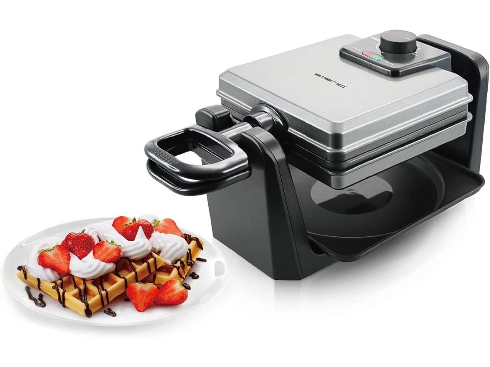 Emerio Waffle Maker, Rotating, 1000 W with Cool Touch Handles & Adjustable Temperature, Square For 4 Waffles