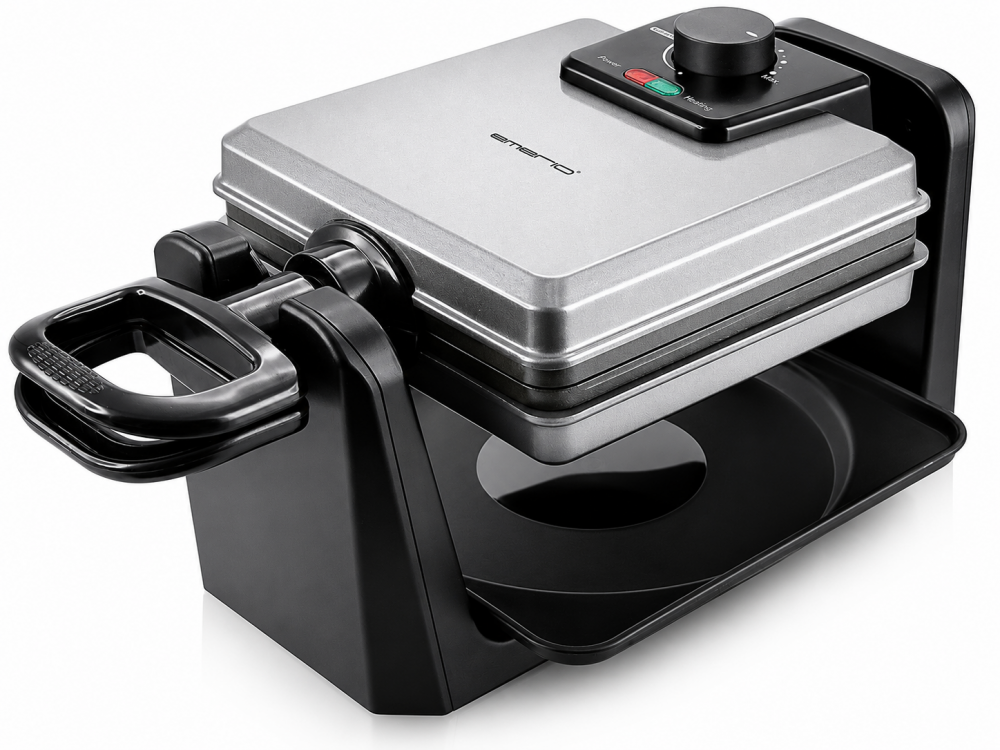 Emerio Waffle Maker, Rotating, 1000 W with Cool Touch Handles & Adjustable Temperature, Square For 4 Waffles