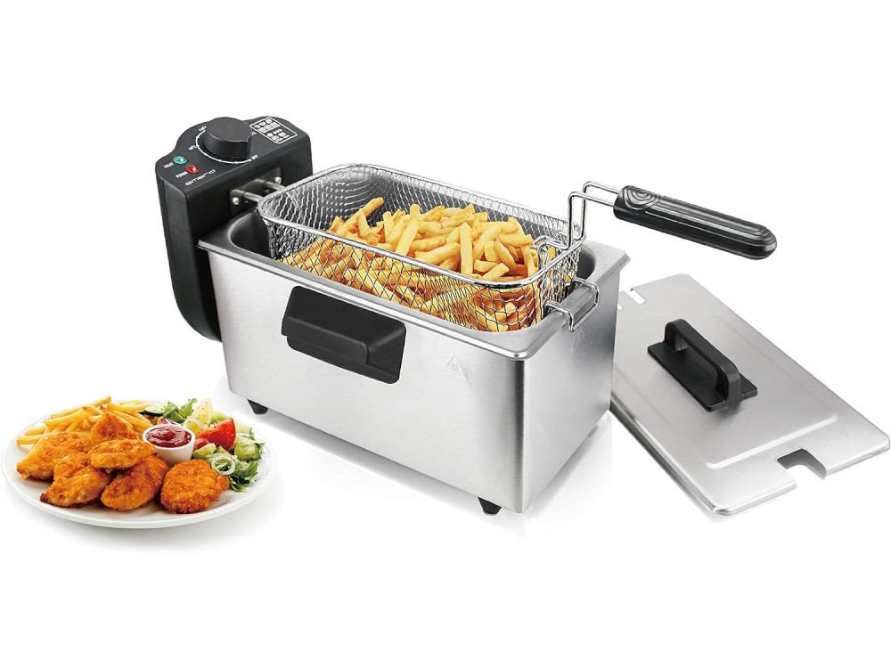 Emerio Stainless Steel Oil Fryer BPA & PFAS free, with Detachable Bucket 3lt &Cap, Silver