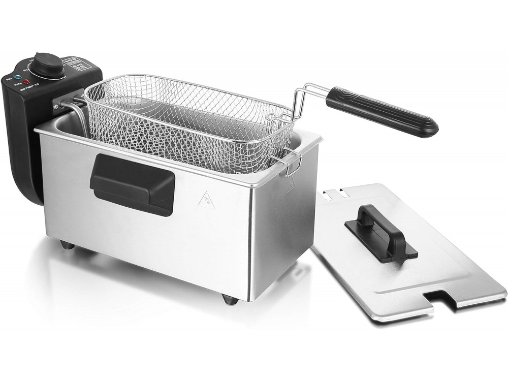 Emerio Stainless Steel Oil Fryer BPA & PFAS free, with Detachable Bucket 3lt &Cap, Silver