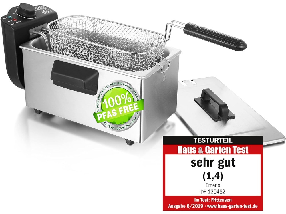 Emerio Stainless Steel Oil Fryer BPA & PFAS free, with Detachable Bucket 3lt &Cap, Silver