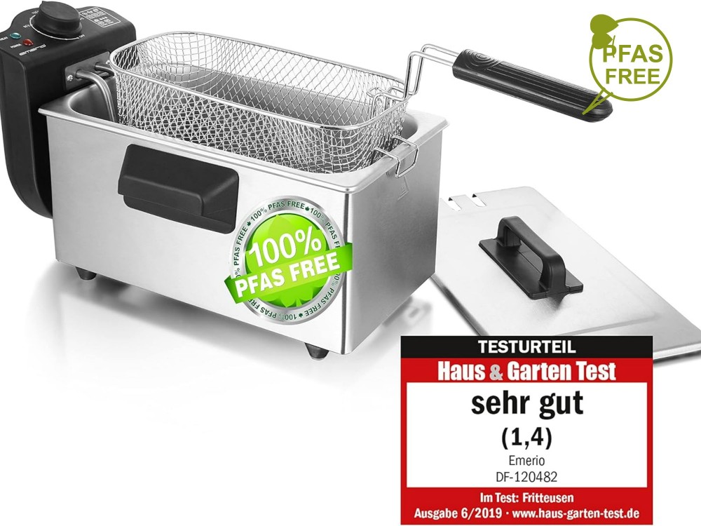 Emerio Stainless Steel Oil Fryer BPA & PFAS free, with Detachable Bucket 3lt &Cap, Silver