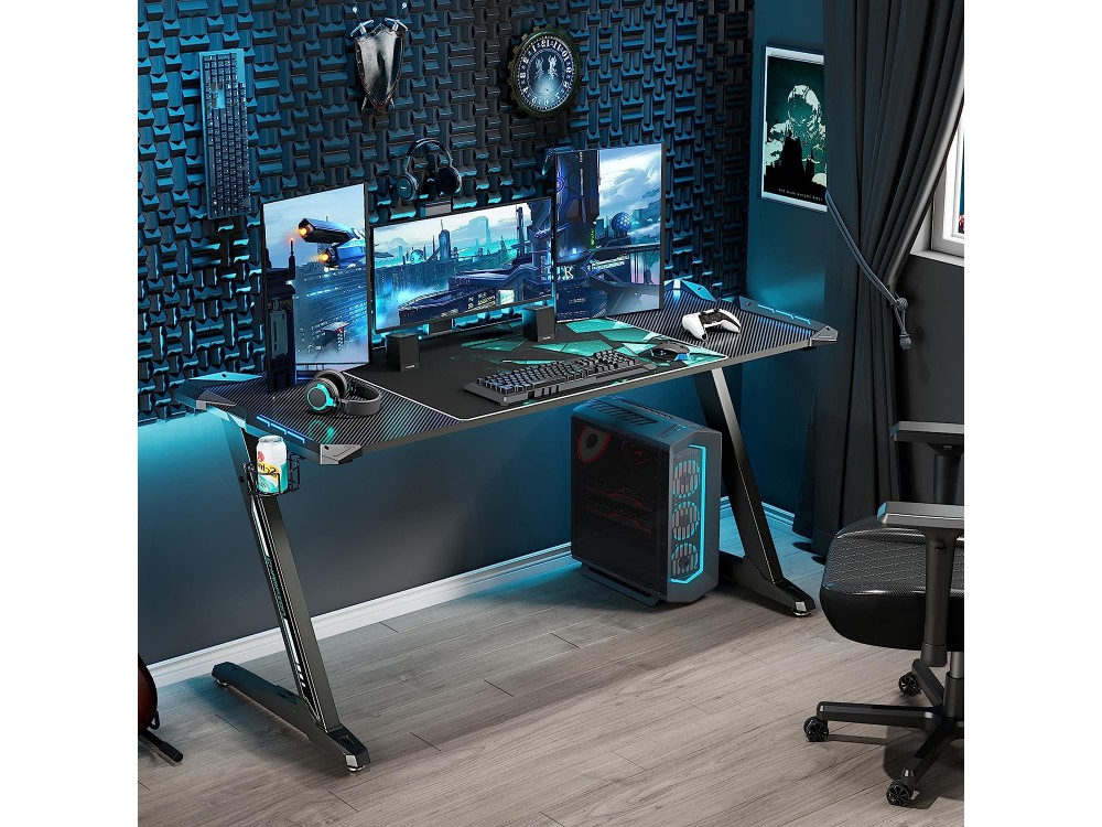 Eureka Ergonomic Z60 Gaming Desk with Led Lights, Γραφείο Υπολογιστή Carbon Fiber με RGB, Black