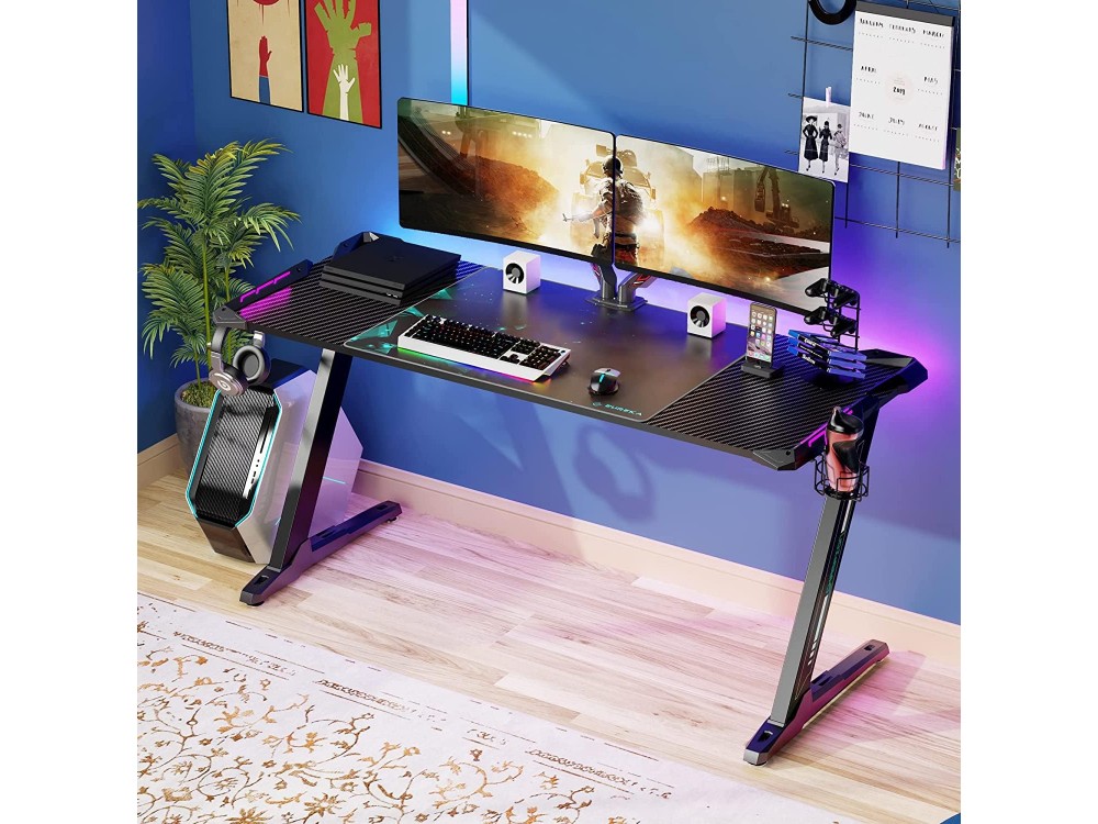 Eureka Ergonomic Z60 Gaming Desk with Led Lights, Γραφείο Υπολογιστή Carbon Fiber με RGB, Black