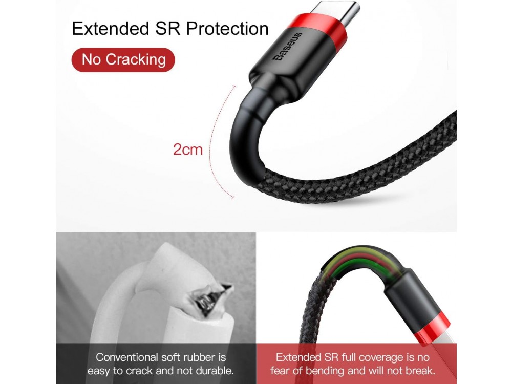 Baseus Cafule Cable USB-C to USB 2.0 3m. with Nylon Braided- Black & Red