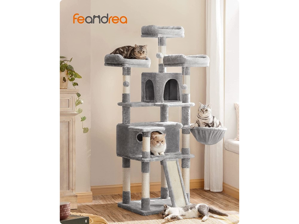 FEANDREA Cat Tree, XXL Cat Condo with 6 Levels, 2 Hideouts & Pon Pons, Sisal 54x50x172cm, Light Grey
