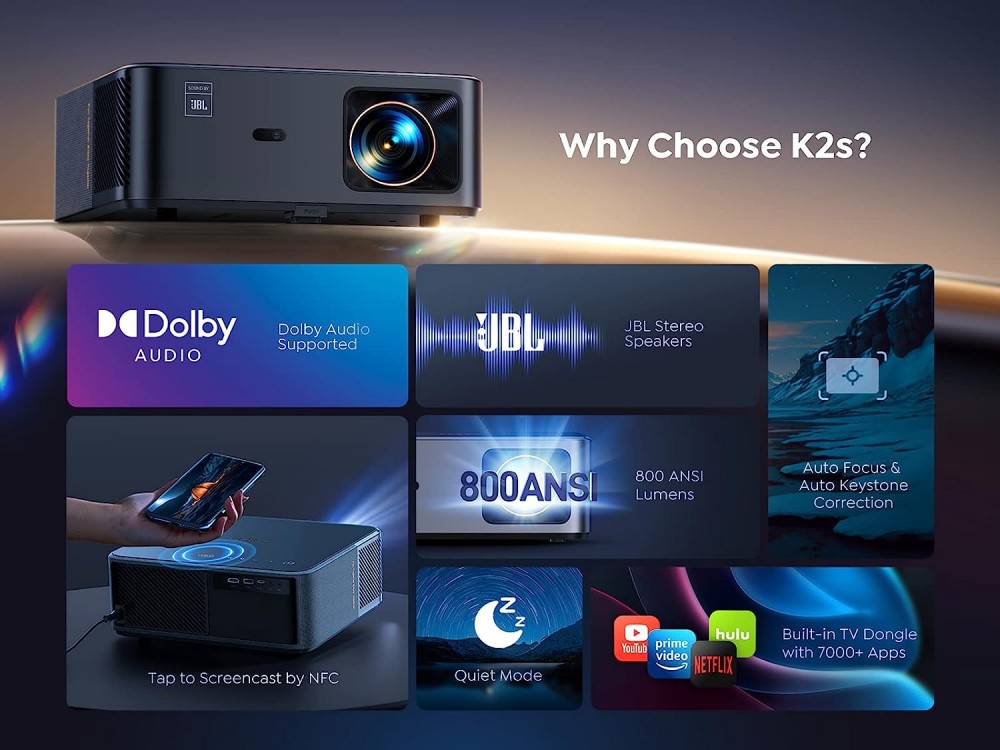 Yaber K2s Smart Projector 1080p/60Hz, 800 Lumens, with Bluetooth, NFC Screencast & Alexa Voice Control - OPEN Package