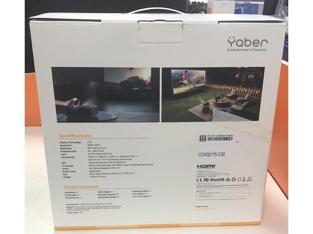 Yaber K2s Smart Projector 1080p/60Hz, 800 Lumens, with Bluetooth, NFC Screencast & Alexa Voice Control - OPEN Package