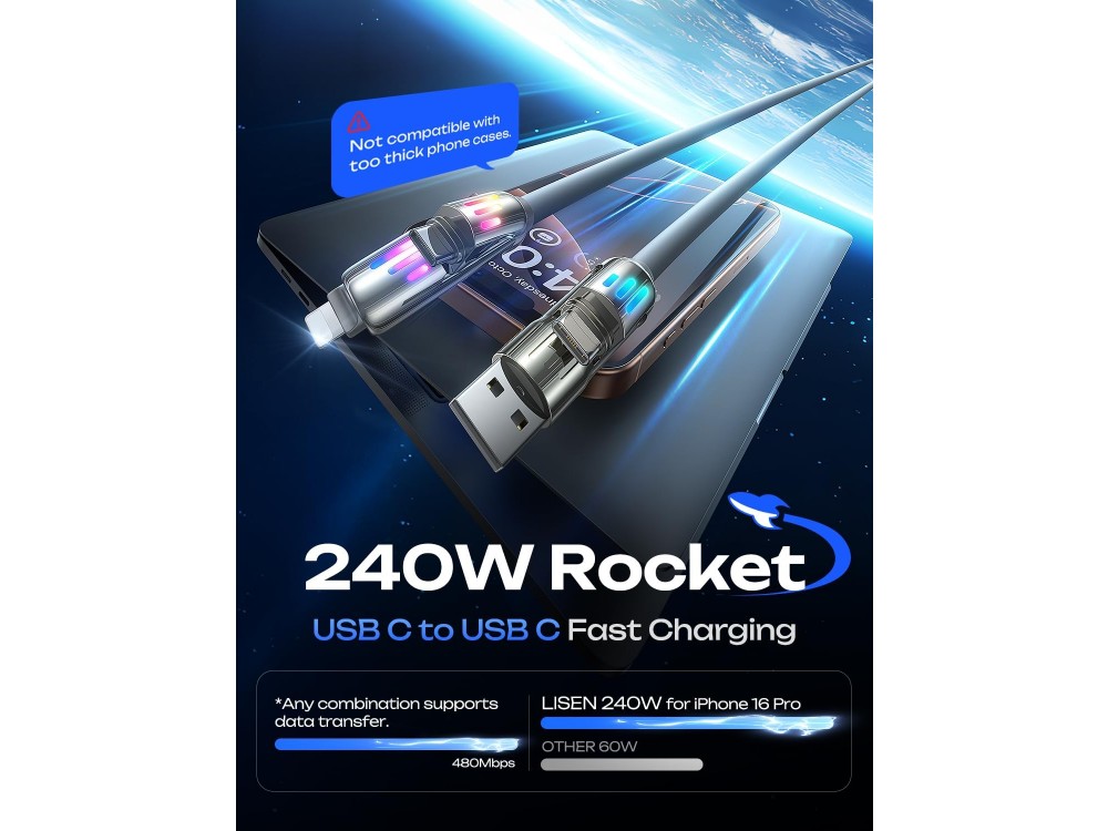 Lisen 4-in-1 Lightning / Type-C / USB-A Καλώδιο 2μ. 240W με RGB, Grey