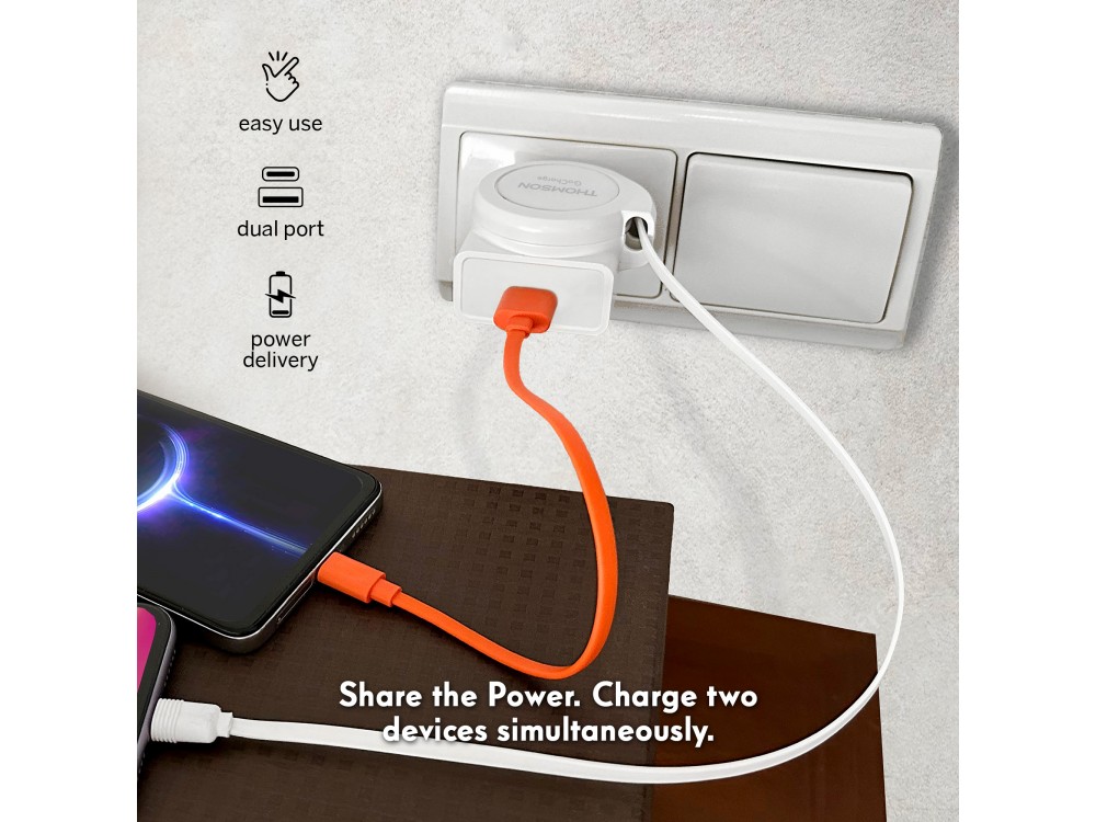 Thomson GoCharge PD 22.5W με Ενσωματωμένο Καλώδιο 90cm & USB-A Θύρα 18W QC3.0, White