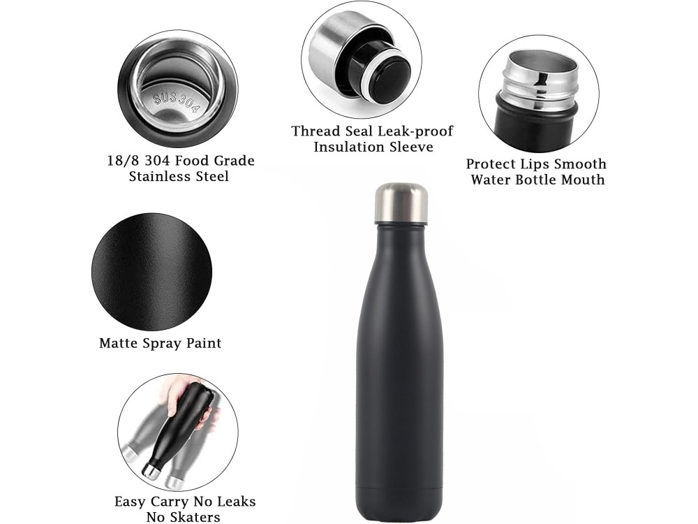 AJ Stainless Steel Water Bottle Double Walled & BPA Free, Stainless Steel Thermos, 750ml, Black