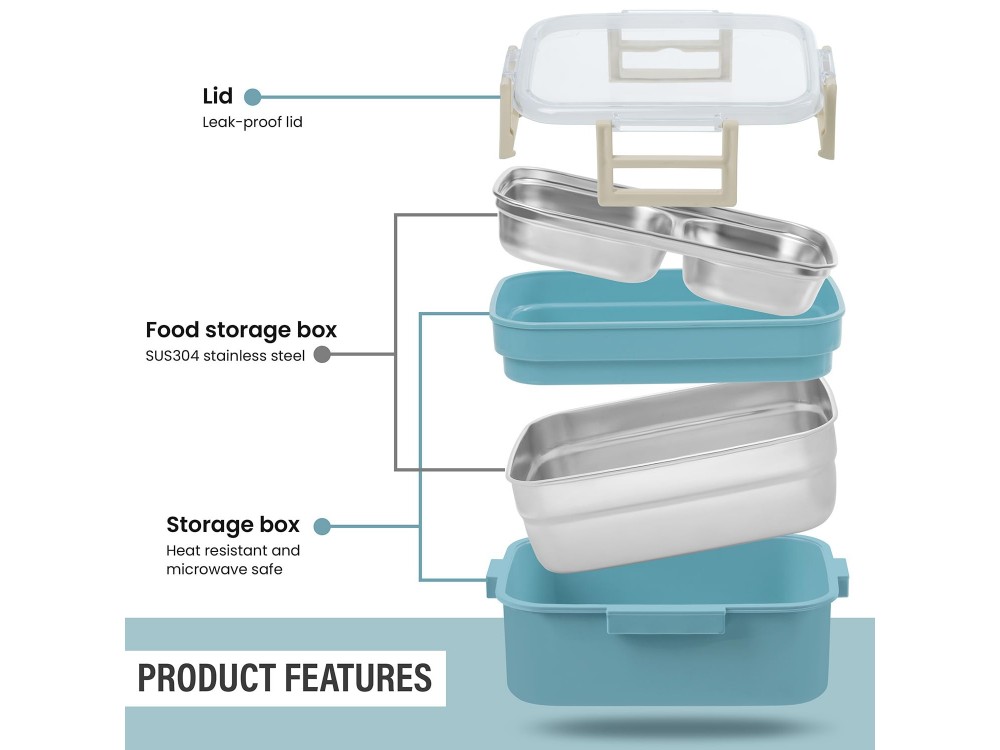 AJ O-Bento, Outdoor & Work Lunch Box, Stainless Steel 2-Tier Insulated Compartment, 1200ml, Petrol Blue