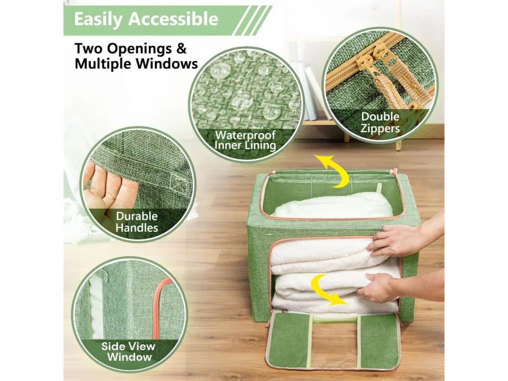 AJ Clothes Storage Organizer Bags 101L, Κουτιά Αποθήκευσης Ρούχων με 2 Ανοίγματα/Παράθυρο, Σετ 3τμχ, 62x43x38cm, Light Green