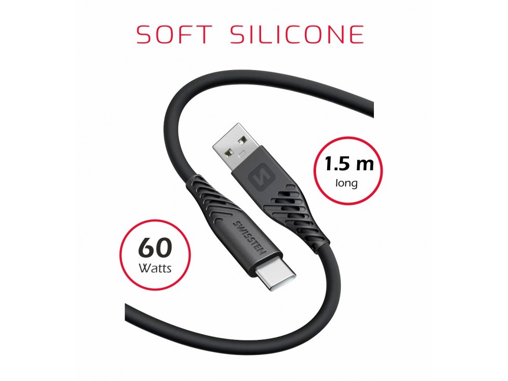 Swissten USB-C to USB-C Cable 1.5m. Soft Silicone, Black