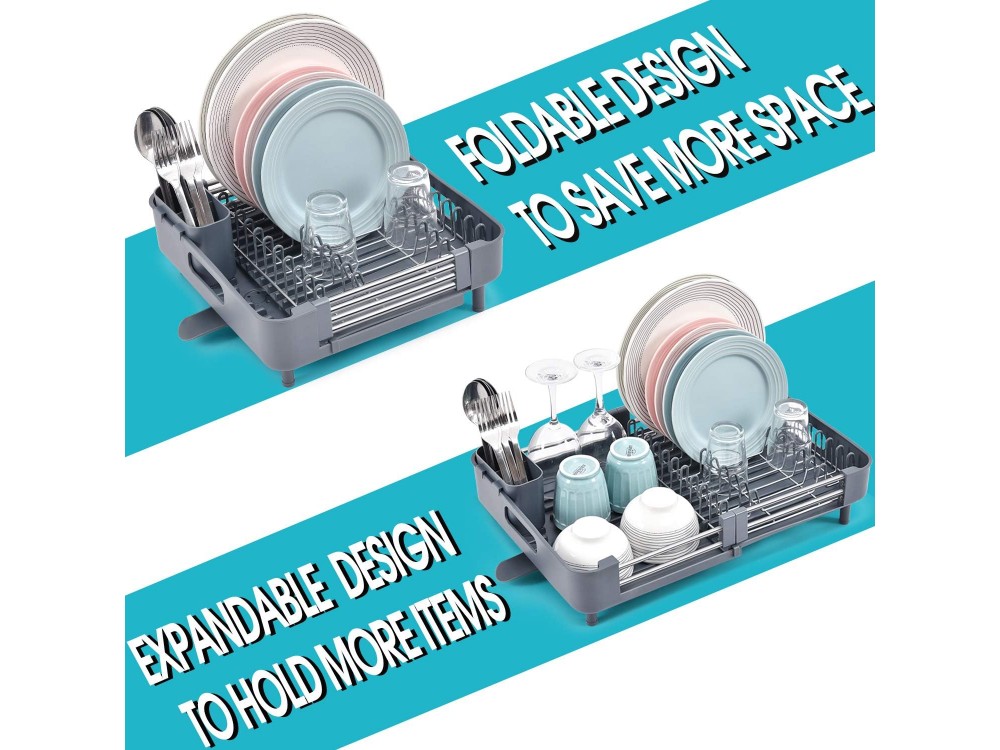 AJ Extendable Dish Rack, Στεγνωτήρας Νεροχύτη Επεκτεινόμενος με Θήκη για Μαχαιροπίρουνα 32-49 x 34 x 11cm, Dark Grey
