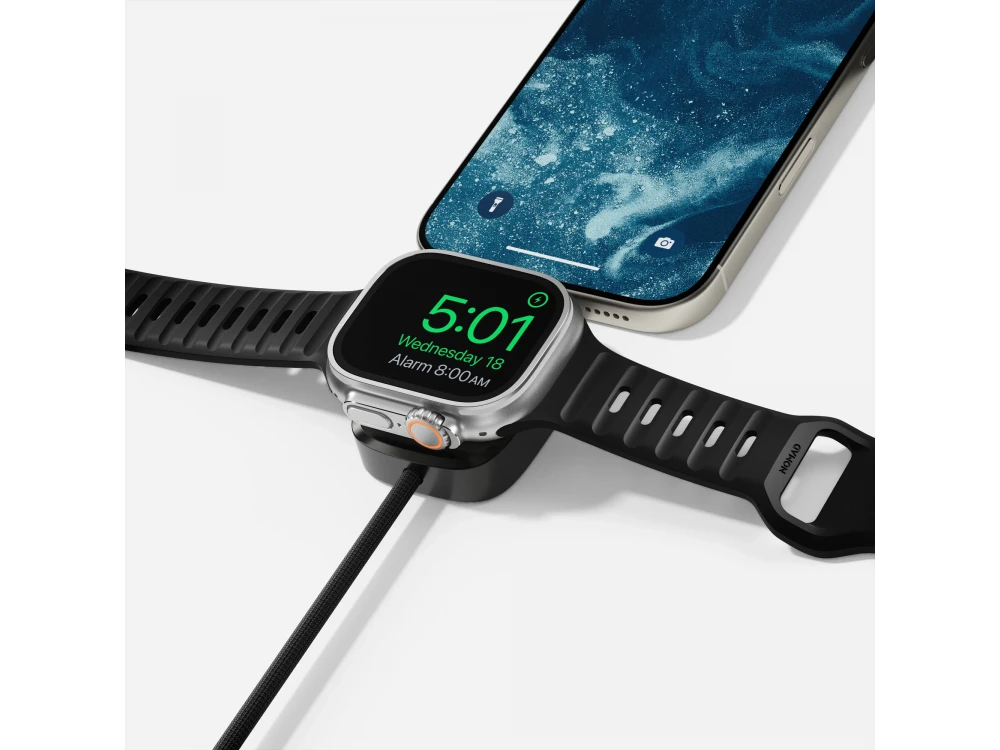 Nomad 2-in-1 Universal Cable 1.5m., Kevlar USB-C to USB-C 100W Cable with Built-in Charger for Apple Watch, Black