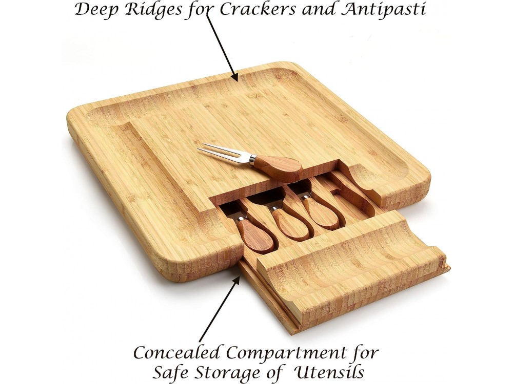 Forneed Bamboo Cheese Board and Knife Set, Πιατέλα Τυριών από Μπαμπού, Πλατό 3 θέσεων & Σετ 4 Πιρουνιών