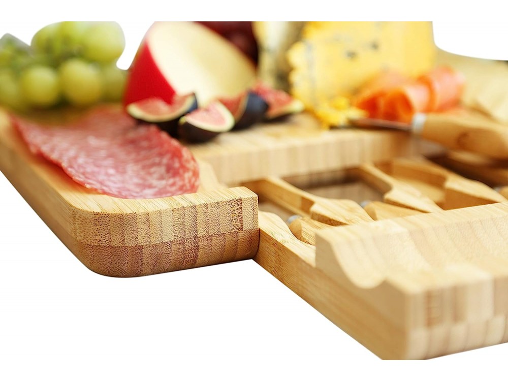Forneed Bamboo Cheese Board and Knife Set, Πιατέλα Τυριών από Μπαμπού, Πλατό 3 θέσεων & Σετ 4 Πιρουνιών