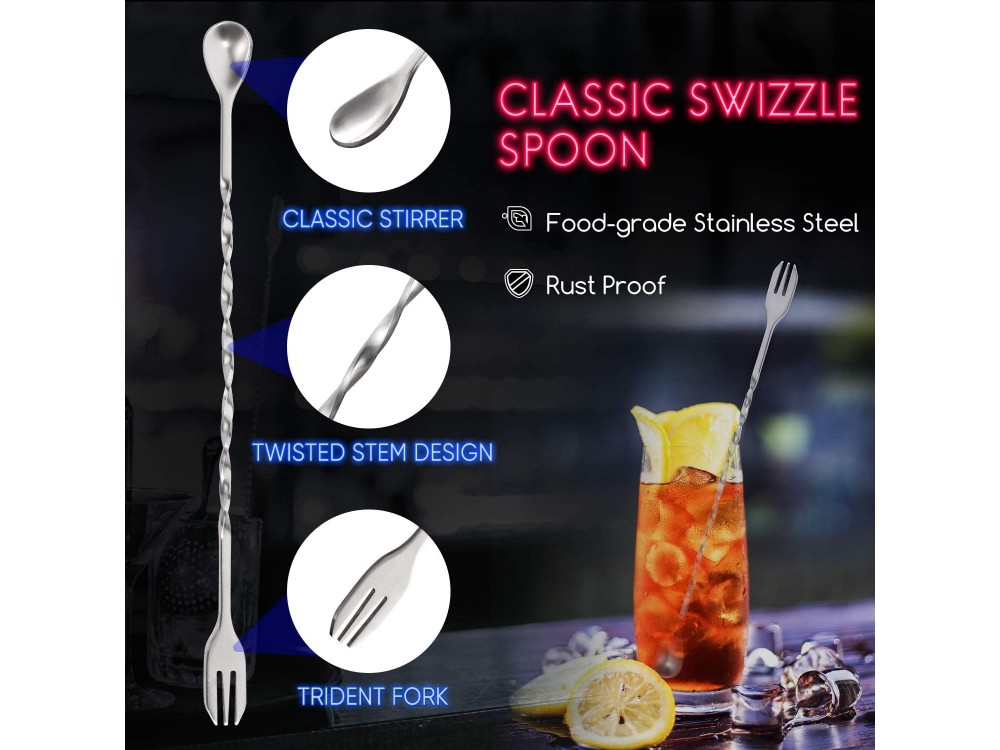 Forneed Cocktail Muddler and Mixing Spoon 25cm, Σετ Γουδοχέρι Μπαρ και Αναδευτήρας Κοκτέιλ από Ανοξείδωτο Ατσάλι